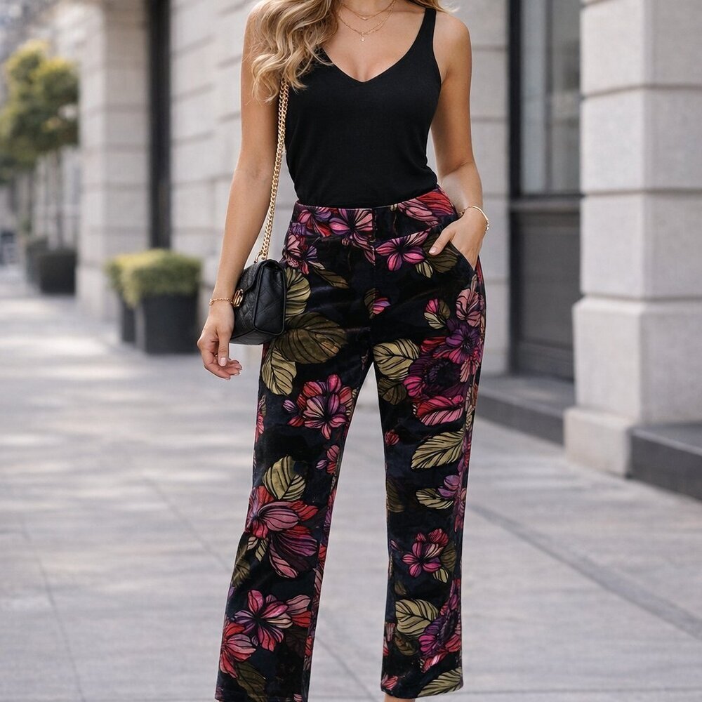 Trina Turk Floral Velour Straight Leg Pants Colorful Career Pocket Trousers Sz 8